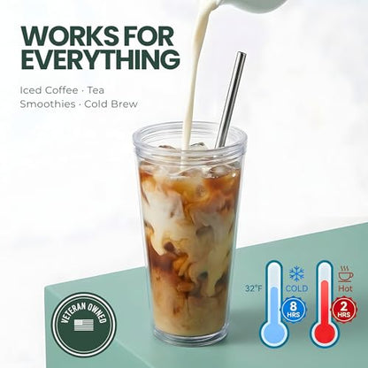Reusable Iced Coffee Cup with Lid and Straw, 24 oz/Venti, BPA-Free Double-Wall Insulated Plastic Tumbler for Cold Drinks, Includes Clear Plastic Straw, Stainless Steel Straw and Cleaning Brush, Black - color: Black, size: 24 Ounces