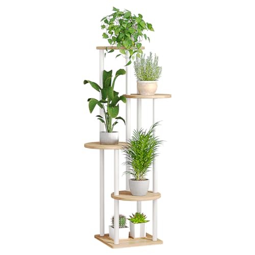 Plant Stand Indoor Tall Corner Tiered Shelf 5 Tier Metal MDF Board | Sturdy metal frame Staggered tiers fit Multiple plants Space-saving for living room balcony bedroom Patio Garden,White - color: White, size: 5 Tier
