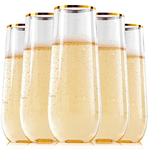 FOCUSLINE 24 Pack 9 Oz Plastic Stemless Gold Rim Champagne Flutes, Heavy Duty, Shatterproof, Disposable & Reusable Crystal Clear Toasting Glasses - color: Gold Rim Plastic Champagne Flutes
