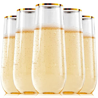 FOCUSLINE 24 Pack 9 Oz Plastic Stemless Gold Rim Champagne Flutes, Heavy Duty, Shatterproof, Disposable & Reusable Crystal Clear Toasting Glasses - color: Gold Rim Plastic Champagne Flutes