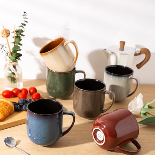 LERATIO Ceramic Coffee Mugs Set of 6,12oz Handmade Coffee Mugs Set | Large Handle for Cappuccino/Latte/Tea/Hot Cocoa,Oven &Dishwasher & Microwave Safe-Colorful - color: reactive glaze-Mixing