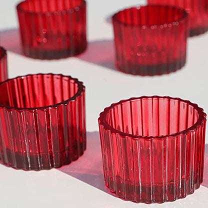 VOHO Red Candle Holders for Table Centerpiece, Set of 12 Tea Light Holder | Glass Ribbed Tealight Candle Holder for Tealight Candles, Small Votive Candle Holders for Her Valentine Christmas(2x1.4 Inch) - color: Red