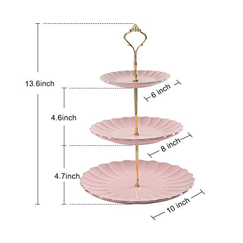 Sweejar 3 Tier Ceramic Cake Stand Wedding, Dessert Cupcake Stand for Tea Party Serving Platter (Pink) - color: Pink