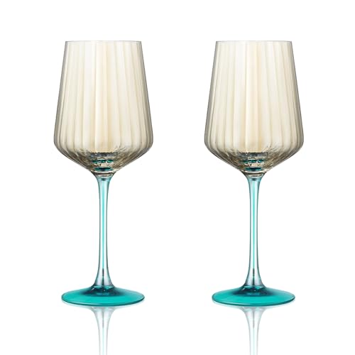 Joeyan Colored Ribbed Wine Glasses Set of 2, 19oz Large Gray Burgundy Wine Glass Goblet with Turquoise Stem, Lead-Free Crystal Red White Wine Cups for Party, Wedding, Christmas, Gift, Daily Use - color: Gray wine glass