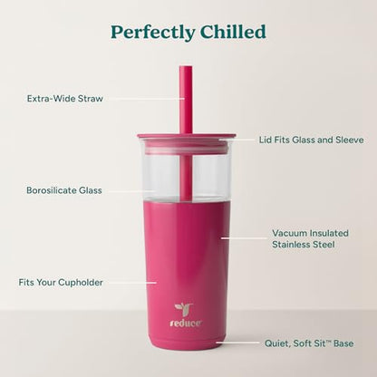 REDUCE Aspen - 20oz Vacuum Insulated Glass Tumbler - Extra Wide Straw & Lid | Keeps drinks cold for 12 hours, ideal for iced coffee, smoothies & boba, dishwasher safe, soft base - color: Dragonfruit