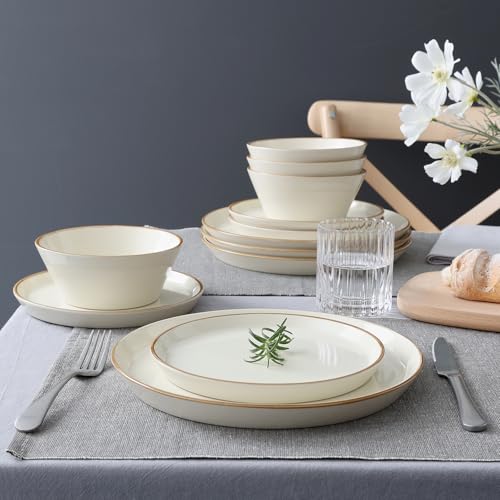 Famiware Saturn Dinnerware Sets, Ceramic Dishes for 4, Rimmed Plates, Bowls | Vanilla White, 12 pcs Microwave & Dishwasher Safe Stoneware, Chip & Scratch Resistant, Modern Rustic Tableware, Everyday Use - color: Vanilla White, size: 12