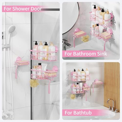 KEGII Suction Cup Shower Caddy 3 Pack, Bathroom Storage Shelf, Pink | Rustproof Stainless Steel Design with Soap Holder and Hooks, Removable No Drill Storage for Shampoo and Bath Accessories