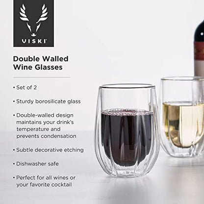 Viski Insulated Double Walled Stemless Wine Glasses, Drinking Glass with Cut Crystal Design, Home Bar Accessories, Glassware, 13 oz, Set of 2, Clear - style: Double-Walled Wine Glasses