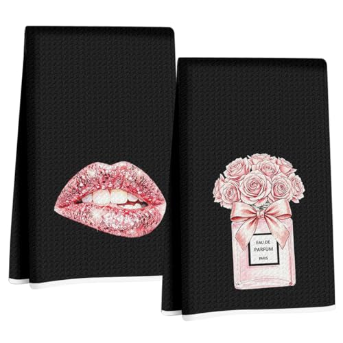 2 Pcs Pink Bow Champagne Hand Towels, Trendy Girly Reusable Dish Towels | Aesthetic Waffle Weave Hand Towels for Kitchen Bathroom Decor, Black and Pink Gifts for Women Girls Friend 24x14 Inch - color: Multi 1720