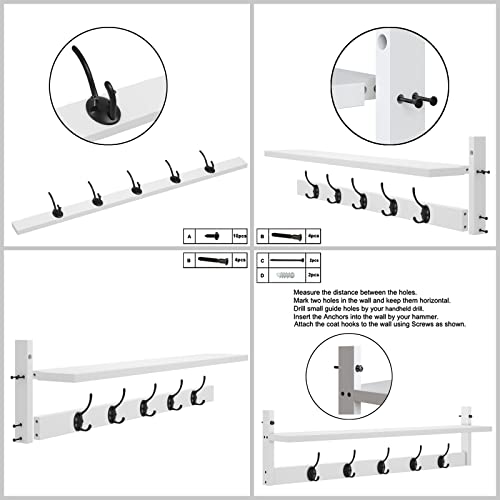 AMBIRD Wall Hooks with Shelf | Entryway Hanging Wood Coat Hooks | Wall-Mounted Rack with 5 Dual Hooks | Bathroom, Living Room, Bedroom (Modern). - size: 28.9inch, style: Modern White