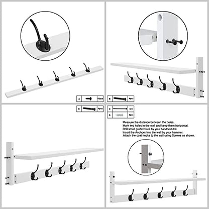 AMBIRD Wall Hooks with Shelf | Entryway Hanging Wood Coat Hooks | Wall-Mounted Rack with 5 Dual Hooks | Bathroom, Living Room, Bedroom (Modern). - size: 28.9inch, style: Modern White