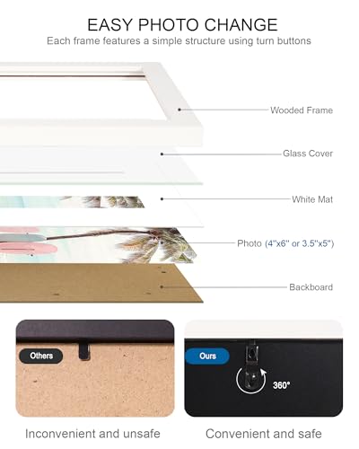 Hongkee 4x6 Picture Frame (4 Pack, White), Made of Real Glass and Wooden Frame - Display Pictures 3.5x5 with Mat or 4x6 Without Mat, 4 by 6 Photo Frames TableTop Display and Wall Mounting - color: White, size: 4x6 in
