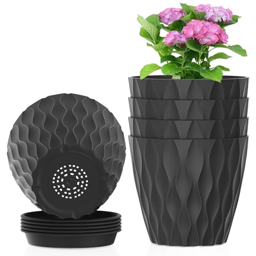 Meowell 4 inch Small Plastic Nursery Pots, Seedling Pots, 5 Set Water Ripples Plant Pots for Indoor Plants, Flower Pots with Drainage Holes and Saucers, Seed Starter Pots for Succulent Plants, Black - color: Black, size: 4 in 5pcs