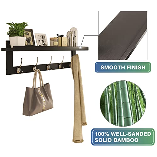 SMIBUY Coat Hooks with Shelf Wall-Mounted, 29.2 Inch Entryway Coat Rack for Wall, Bamboo Hanging Shelf with 5 Double Metal Hooks for Bathroom, Bedroom, Kitchen, Living Room, Mudroom (Dark Brown) - color: Dark Brown