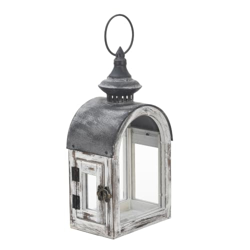 12" High Wooden Dome Lantern Made of Solid Fir Wood and Real Glass in Whitewash Finish with Grey Metal Top, Hurricane Lantern, Farmhouse Lantern (Whitewash, 6"x4.4") - color: Whitewash, size: 6"x4.4"