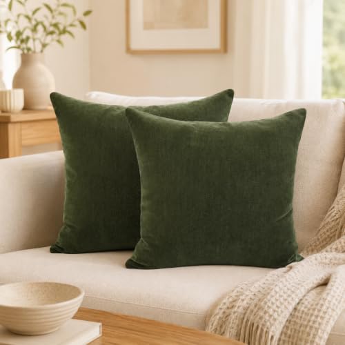 JoraLion Chenille Lumbar Pillow Covers 24x24 inch Moss Green | Solid Dyed Decorative Throw Pillow Covers, Plain Farmhouse Soft Chenille Cushion Case for Couch Sofa Bed Room, Set of 2 - color: Moss Green, size: 24" x 24" (Pack of 2)