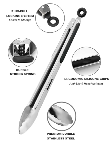 Anaeat Premium Kitchen Locking Tong Set of 3 - Heavy Duty Stainless Steel Food Tongs with Long Handle & Non-Slip Silicone Grip for Cooking, Baking, Grilling - Heat Resistant up to 480°F - color: 3 Pcs Stainless Steel - Black, size: 7+9+12 Inch