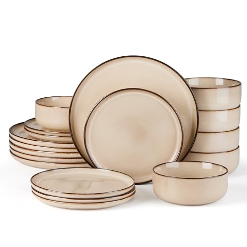 E-far 18-Piece Dinnerware Sets, Stoneware Plates and Bowls Set for 6, Reactive Glaze Dinning Ware Dishes, Microwave & Dishwasher Safe - Sandy Beige - color: Sandy Beige, size: Service for 6