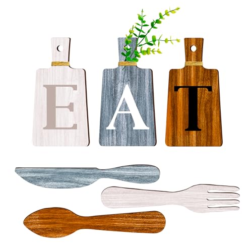 6 Piece Kitchen Decor Chopping Board Eat Sign Forks and Spoons Wall Decor Wooden Restaurant Hanging Sign Rustic Farmhouse Wall Art Home Decor(White gray brown simple) - color: White gray brown simple