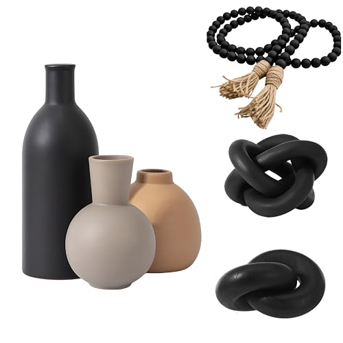 Farmhouse Decor Set Ceramic Vase Wood Bead Garland Wood Knot,Black | 6 Pcs Rustic Vintage Table Decor Kit, Black Wooden Chain Knot, Living Room Ornaments for Coffee Table Bedroom - color: Black