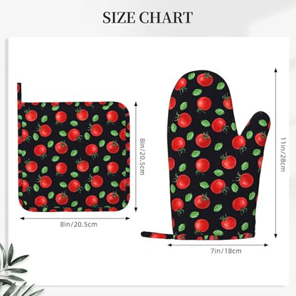 Cherry Tomatoes and Leaves Oven Mitts and Pot Holders Sets Silicone Kitchen Oven Mitts Hot Pads Heat Resistant Potholders Kitchen Mitts Set for Baking BBQ Cooking - color: Red Black