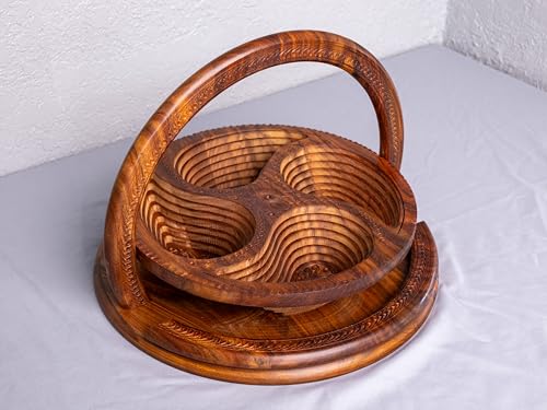 Handmade 14″ Collapsible Wooden Basket, 4-Compartment Paisley Design in Himalayan Rosewood – Fruit Basket, Bread Bowl & Trivet – Folds Flat for Easy Storage – Unique Centerpiece & Gift