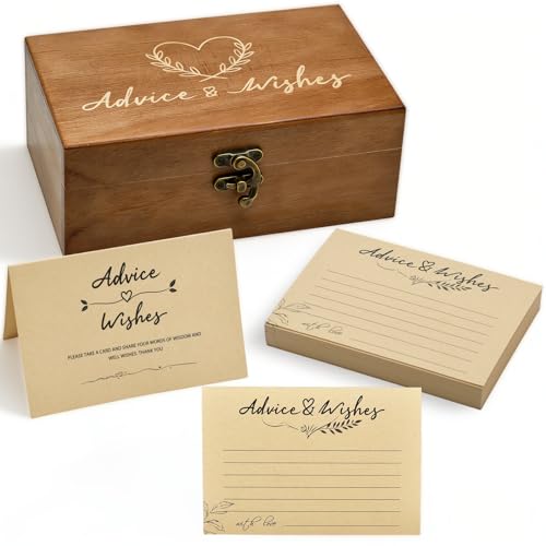 Wooden Advice & Wishes Memory Box with 50 Pcs Kraft Tan Cards for Wedding - Bridal Shower Guest Book Alternative- Versatile Keepsake for Newlyweds, Baby Shower, Graduation & Birthday Party ﻿ (Set) - color: Set