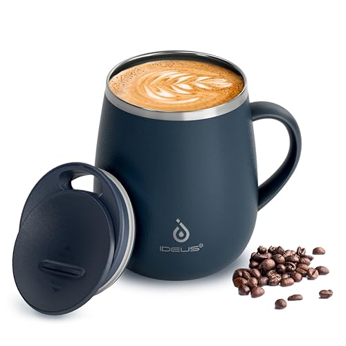 Ideus 16 oz Insulated Coffee Mug with Handle and Lid, Double Wall Stainless Steel Vacuum Thermal Coffee Mug, Travel Coffee Cup Thermal Cup for Home and Office (Navy Blue 2.0, FUJI DAWN) - color: Navy Blue 2.0