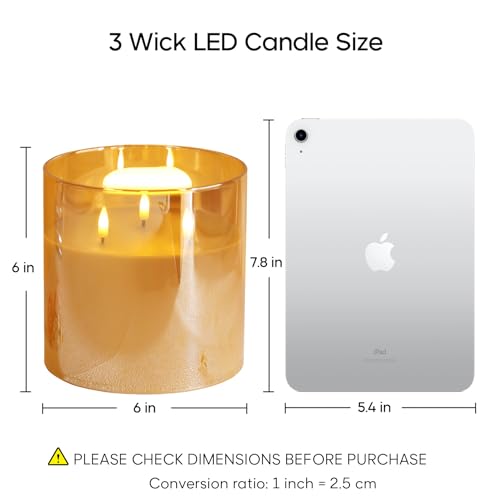 Large 3 Wick Gold Glass Flameless Pillar Candle with Remote | 6x6 inch LED Candle Flickering, Triple Wick, 2 AA Battery Powered, Accent Home Decor Gift - color: Amber Gold