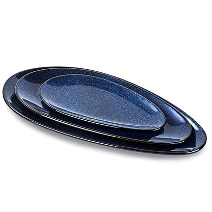 vicrays Large Oval Serving Platters, 16"/14"/10" Porcelain Serving Platters for Party, BBQ,Stackable Serving Trays Serving Plates for Appetizers, Sushi, Restaurant, Dessert, Set of 3 (Blue) - color: Blue