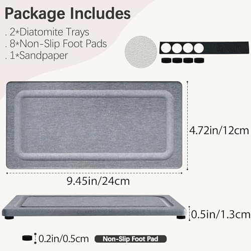 2 PCS Water Absorbing Stone Trays for Bathroom Sink Fast Drying Coasters | 9.5" x 4.7", Vanity Tray, Diatomaceous Earth Mat, Hand Soap Holder with Anti-Skid Feet, Kitchen Counter, Sink Caddy Organizer - color: 9.45" X 4.72" Grey