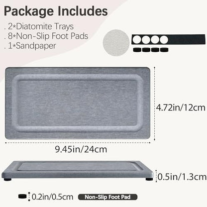 2 PCS Water Absorbing Stone Trays for Bathroom Sink Fast Drying Coasters | 9.5" x 4.7", Vanity Tray, Diatomaceous Earth Mat, Hand Soap Holder with Anti-Skid Feet, Kitchen Counter, Sink Caddy Organizer - color: 9.45" X 4.72" Grey