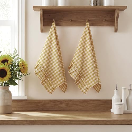HunnmingRe Yellow Kitchen Towels Set of 2, 100% Cotton Ruffled Gingham Dish Towels 18"x28" Tea Cloths Classic Plaid Pattern for Farmhouse Charm, Drying Dishes, Entertaining Guests - color: Yellow, style: Gingham