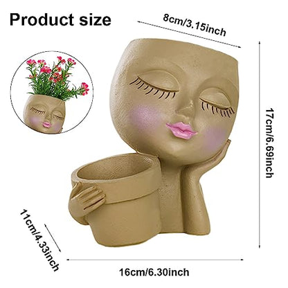 Face Planter Pot, Lady Head Planter with Drainage Holes, Khaki | Dual-compartment lady head planter with drainage holes for succulents, cactus, and air plants - color: Khaki