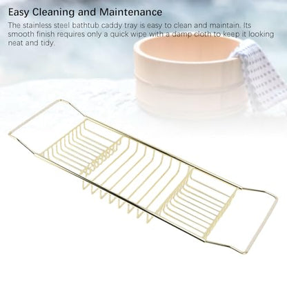Bewinner Gold Stainless Steel Expandable Bathtub Caddy Tray, Adjustable Shower Tub Tray 25-38.4 Inch, Over The Bathtub Rack for Luxury Bath, Heavy Duty Bathroom Accessories for (Gold) - color: Gold