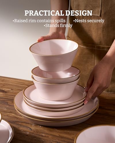 Famiware Saturn Dinnerware Sets, Ceramic Dishes for 4, Rimmed Plates, Bowls | Light Pink, 12-Piece Microwave and Dishwasher Safe Stoneware, Chip & Scratch Resistant, Modern Rustic Tableware, Everyday Use - color: Light Pink, size: 12