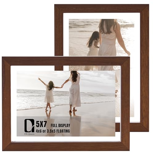 DLQuarts 5x7 Floating Picture Frames for 4x6/3.5x5 Photos, 2-Pack Solid Wood Double Polished Glass Floating Frame for Wall & Tabletop, Postcards and Any Size Photo up to 5x7 Display, Black Walnut - color: Black Walnut, size: 5x7