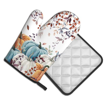 Giwawa Fall Orange Pumpkin Oven Mitt Potholders Sets Eucalyptus Leaves Heat Resistant Oven Glove Set of 2 Kitchen Hot Pads for Cooking Baking BBQ - color: Fall Orange Pumpkin