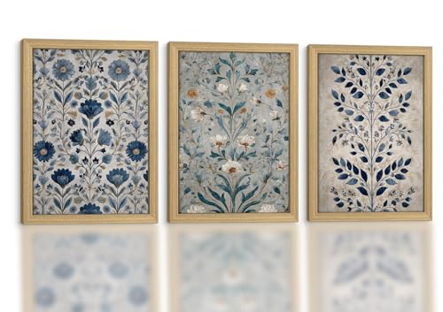 Framed Blue Floral Canvas Wall Art Set of 3 Solid Wood Botanical 12x16 Inch | Solid wood frame painting prints picture poster ready to hang cottage farmhouse living room bedroom bathroom entryway gallery - color: Vintage Floral 015, size: 16L" x 12W"