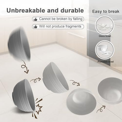 HEYCOME 12 Pcs Unbreakable Rice Bowls Set, 26 Oz Wheat Straw Bowls Set, Microwave & Dishwasher Safe Bowl for Kitchen, Reusable Plastic Bowl for Soup, Salad and Snack, BPA Free, White Gray - color: White gray