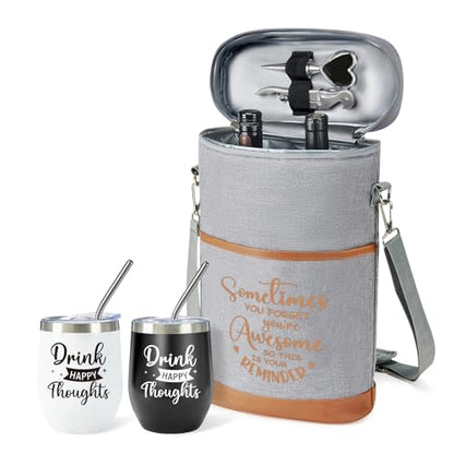 AW BRIDAL Birthday Gifts for Women Men, Drink Happy Thoughts Gift Basket for Housewarming and Beach Camping Travel, Insulated Wine Cooler Bag with Tumbler Mugs and Accessorie Set for Wine Lover Friend - style: Drink happy thoughts