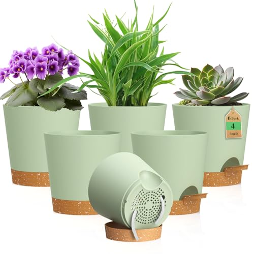 WSMKSZ 4 inch Self Watering Pots for Indoor Outdoor Plants, 6 Pack Plastic Flower Planters with Drainage Holes and Removable Saucers, Plant Pots with Wicking Rope, Modern Decor, Green Brown - color: Green Brown, size: 4inch 6pcs