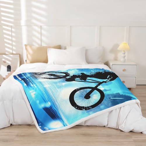 Boys Bmx Blanket Throw Bicycle Motocross Racer Sherpa Blanket Motorcycle Dirt Bike Fleece Blanket For Kids Teen Young Man Extreme Speed Sports Vehicle Fuzzy Blanket Sofa Decor Throw 50"x60" Blue Green - size: Throw( 50"x60")