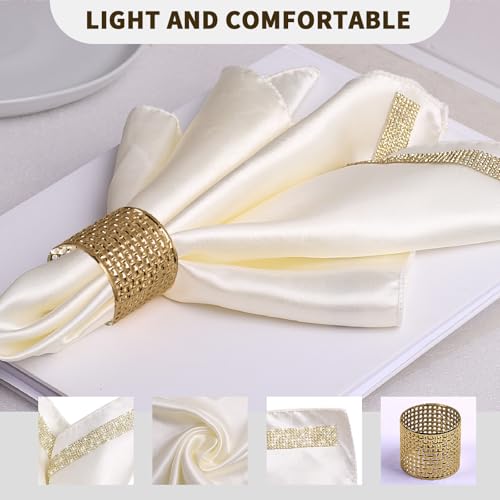 12 Pack Cloth Napkins and Gold Napkin Rings Set of 6, 17x17 Bling Trim Satin Cocktail Napkins Cloth Washable Personalized Dinner Napkins for Wedding Party Holiday Decorative | 17x17 Inch Personalized White Napkins Set, Washable Fancy Dinner & Cocktail Nap