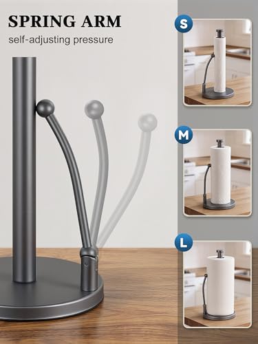 SMARTAKE Paper Towel Holder Countertop, Non-Slip Weighted Base, Gray | Freestanding Kitchen Roll Dispenser, Rustproof Stainless Steel, Spring Arm for Easy Tear, Widden Top, with 4 Suction Cups - color: 04-metallic Gray
