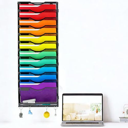 Gawerk Hanging Wall File Organizer, 12+1 Tier | 5 Hooks, Wall Mounted, Sturdy Mesh, For Office Home - size: 12+1 Tier