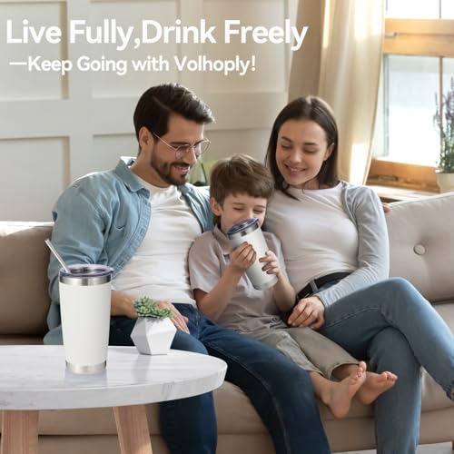 Volhoply 20oz Stainless Steel Tumbler with Lid and Straw Bulk 4 Pack,Double Wall Insulated Travel Iced Coffee Mug Fits Cup holder,Powder Coated Cups for Hot/Cold Drinks,Christmas Gifts（White,4 Set） - color: White