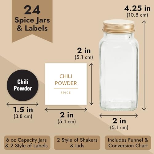 Talented Kitchen Spice Jars - 24-Pack 6 oz Glass Jars with Gold Shaker Lids - 328 Preprinted Labels & Silicone Funnel - Seasoning Organizer for Kitchen Storage