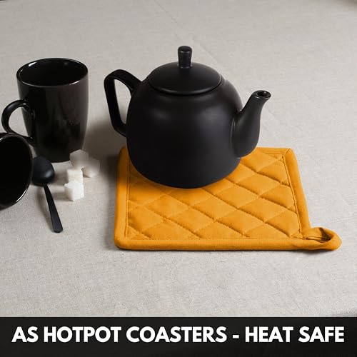Oven Mitt (7"x13") & Pot Holder (8"x8") 100% Cotton Set of Heat Resistant Oven Gloves & Hot Pads for Gifts, BBQ, Cooking, Baking, Thanksgiving - Mustard Yellow - color: Mustard Yellow