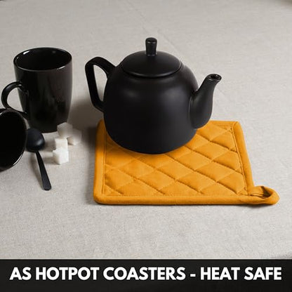 Oven Mitt (7"x13") & Pot Holder (8"x8") 100% Cotton Set of Heat Resistant Oven Gloves & Hot Pads for Gifts, BBQ, Cooking, Baking, Thanksgiving - Mustard Yellow - color: Mustard Yellow